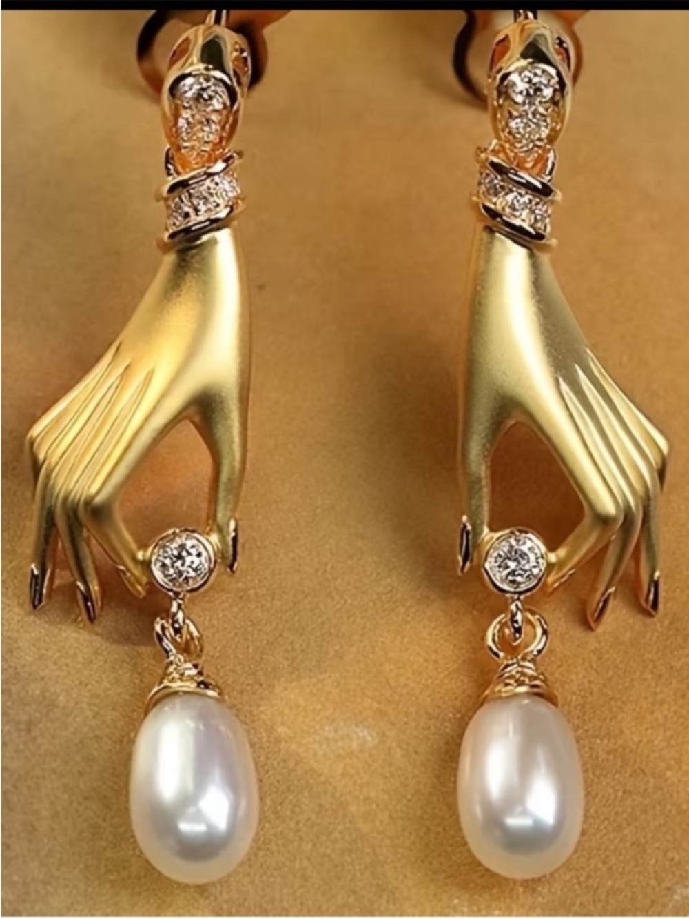 Gold Hand Pearl Drop Earrings with Crystal Accents - Picture 1 of 1